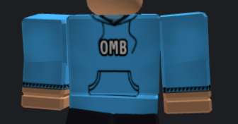 Blue hoodie with OMB chest text